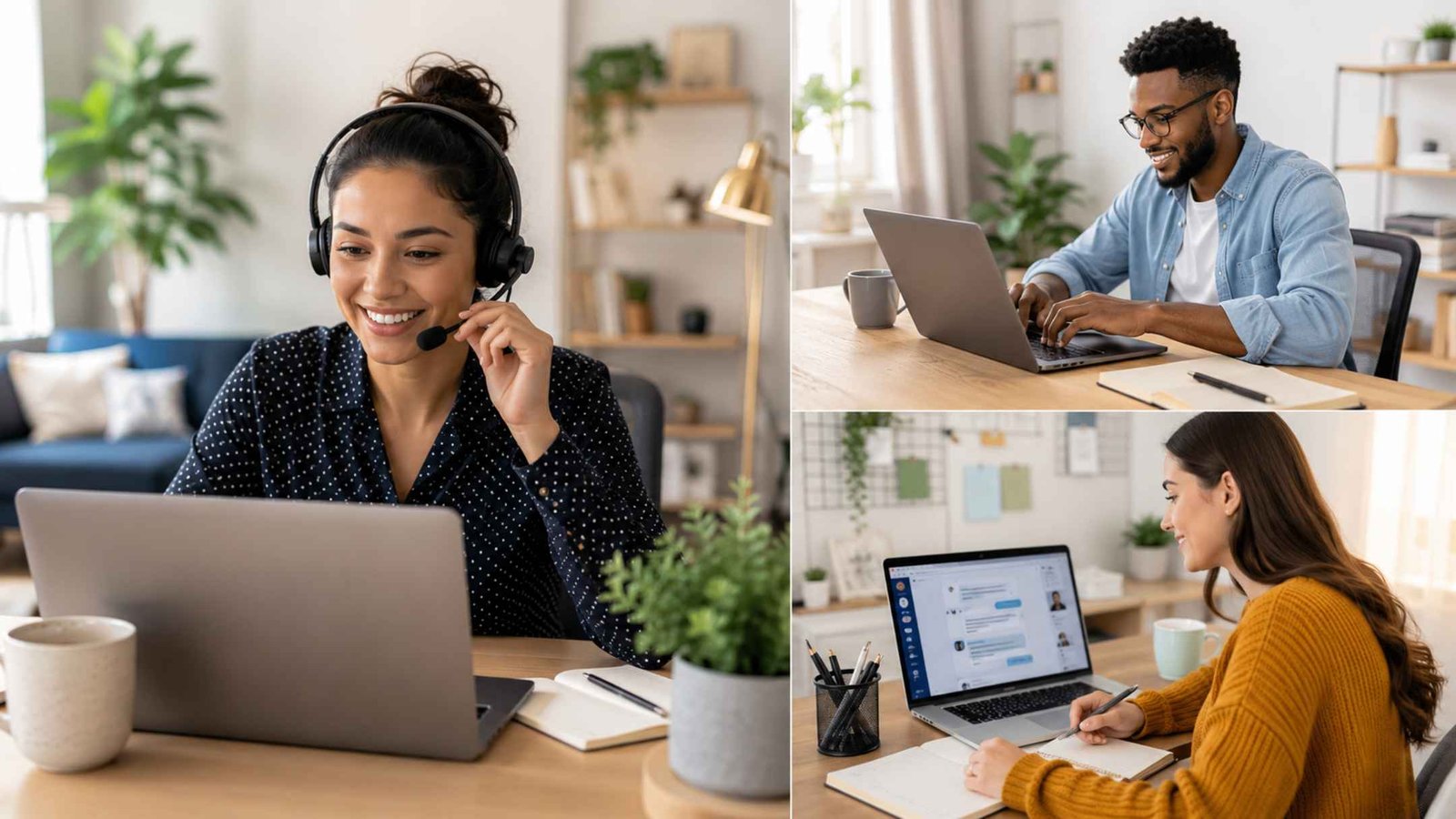 People working remotely from home using laptops and a customer support headset