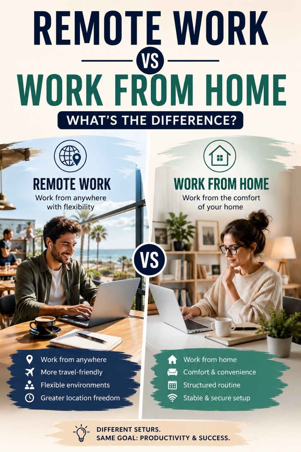 Remote work vs work from home comparison showing a remote worker in a flexible location and a professional working from a home office